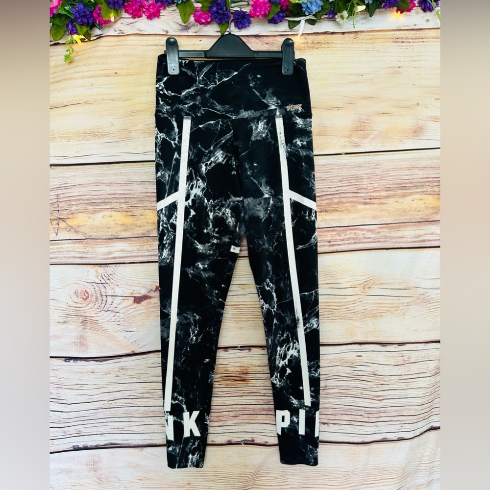 Victoria's Secret PINK Black & White Logo Ultimate Marble Galaxy Leggings S